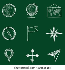 Vector Set of Sketch Geography Icons. Chalk on a Blackboard.