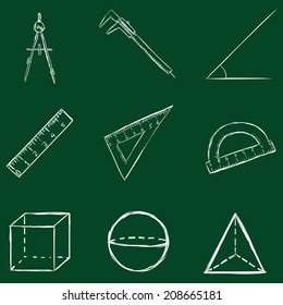  Vector Set of Sketch Geometry Icons. Chalk on a Blackboard.