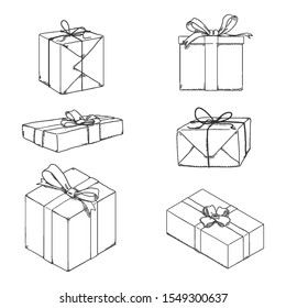 Vector Set of Sketch Gift Boxes with Ribbons and Bows. Holiday Packaging.