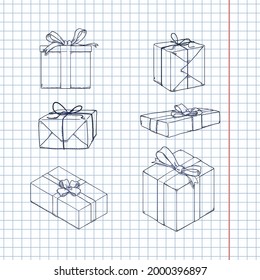 Vector Set of Sketch Gift Boxes with Ribbons and Bows. Holiday Packaging.