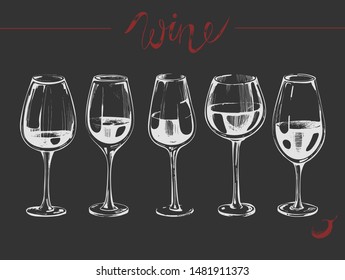 Vector set with sketch glases of wine on the black background