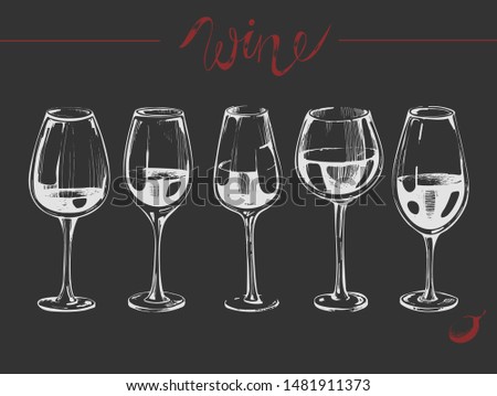 Vector set with sketch glases of wine on the black background