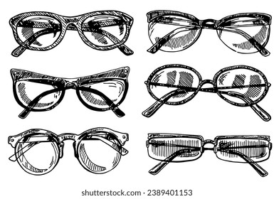 Conjunto de vectores de lentes de esbozo. Marcos de anteojos. Diseño de impresión de ropa de camiseta. Imagen dibujada a mano en blanco y negro.