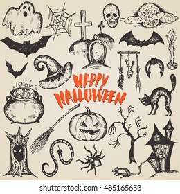 Vector set sketch Halloween characters and witch hat  cauldron  black cat  bat  pumpkin  candle  spider  house  web  moon  Hand drawn elements for spooky holiday and handwritten lettering