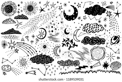 Vector set sketch hand drawn with space, star, cloud, sun, moon, comet. Doodle style. Elements for design. Vector illustration