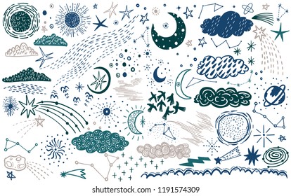 Vector set sketch hand drawn with space, star, cloud, sun, moon, comet. Doodle style. Elements for design. Vector illustration