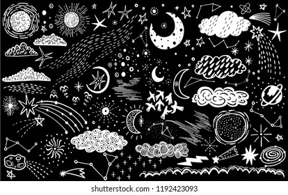 Vector set sketch hand drawn with space, star, cloud, sun, moon, comet. Doodle style. Elements for design. Vector illustration