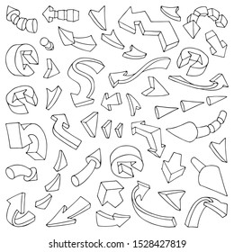 Vector Set of Sketch Hand Drawn Arrows. Volumetric pointers. Arrows 3D contour drawing. Vector set with pointers