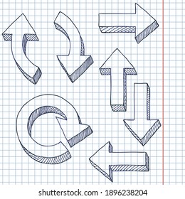 Juego de vectores de las flechas de los dibujos de la mano dibujadas en papel a cuadros