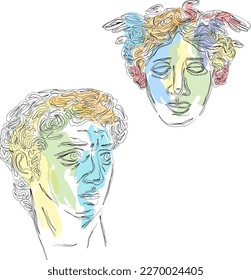  Vector set, sketch head of David and Gorgon Medusa with watercolor strokes