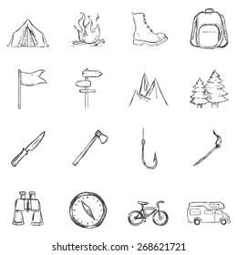 Vector Set of Sketch Hiking and Camping icons