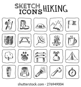 Vector set of sketch hiking icons. Hand-drawn design elements isolated on white background.