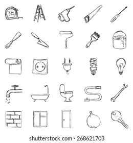 Vector Set of Sketch Home Repairing,  Building, Construction and Decoration Icons