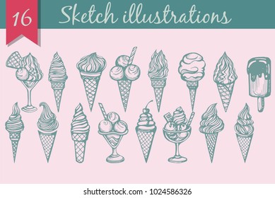 Vector set with sketch ice-cream on the pink background