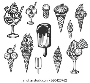 Vector set of the  sketch ice-ream icons on the white background