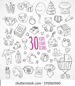 Vector Set Of Sketch Icons Kids Children Baby Stuff Clothes Toys