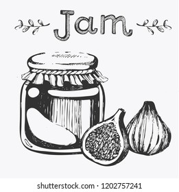 Vector set - sketch illustration with jar jam of figs