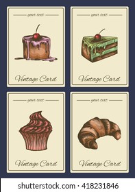 Vector set of sketch illustration of pastries, cakes in retro style isolated on white background