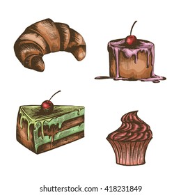 Vector set of sketch illustration of pastries, cakes in retro style isolated on white background