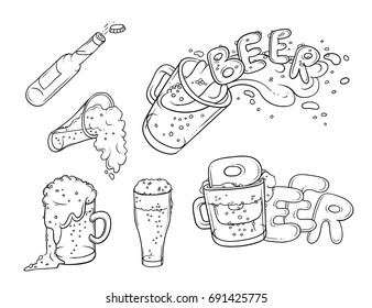 Vector set sketch illustration pint, tumbler and bottle of beer. Bubbles and foam pouring from mug. Drink ale in different glassware. Letters form the inscription and splashing in alcoholic beverage