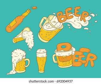 Vector set sketch illustration pint, tumbler and bottle of beer. Bubbles and foam pouring from mug. Drink ale in different glassware. Letters form the inscription and splashing in alcoholic beverage.