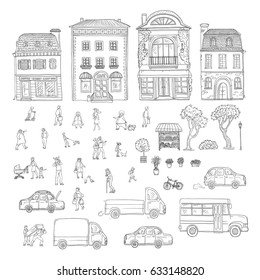 Vector set sketch illustration urban street in the historic European city, trucks and cars. Kit of outdoor plants and flowers, working porters and schoolgirl, woman with kids and other characters