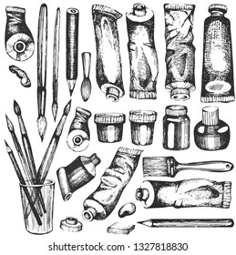 Vector set with sketch illustrations paints tube for artist
