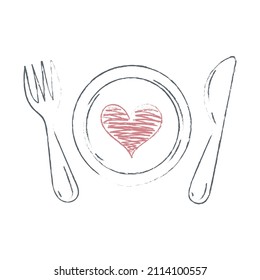 Vector set of a sketch isolated tableware and cutlery simple illustrations on a white background. Plate with drawn heart symbol. Fork. Knife. Romantic dinner. Valentine. 14 february. Charcoal strokes