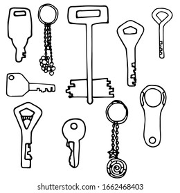 Vector set of sketch keys icons in doodle style. Isolated stock illustration on white background. Modern and Antique Keys. Types of Keys.