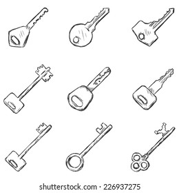 Vector Set of Sketch Keys Icons. Modern and Antique Keys. Types of Keys.