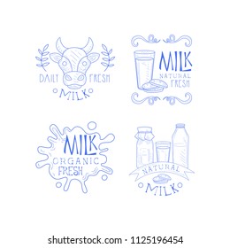 Vector set of sketch labels for dairy production business. Monochrome emblems with cow head, milk splashes, bottles and glass with cookies