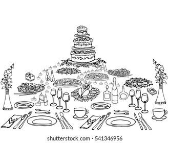 Vector  set of sketch in lines, invitation for an anniversary, a birthday, a menu on the holiday table serving, cake, cloth, food, drinks, candles, form of a pyramid, black and white