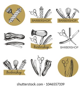 Vector set with sketch  logotypes for barbershop