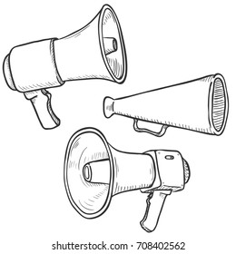 Vector Set of Sketch Megaphones and Loudspeakers on Isolated White Background