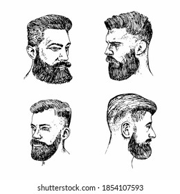 Vector Set of Sketch Mens Faces with Beards. Digital hand drawn illustration.