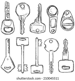 Vector Set of Sketch Modern Keys. Types of keys