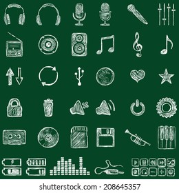 Vector Set of Sketch Music Icons. Chalk on a Blackboard.