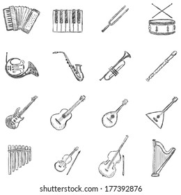 Vector Set of Sketch Musical Instruments Icons