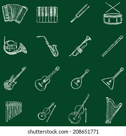 Vector Set of Sketch Musical Instruments Icons. Chalk on a Blackboard.