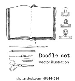 Vector Set of Sketch Notebooks, Notepads and Diaries. Office stuff. Doodle writing supplies, pen, pencil, scissors. Hand drawn illustration. Cool design elements for infographic. School