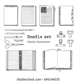 Vector Set of Sketch Notebooks, Notepads and Diaries. Office stuff set. Hand drawing sketch vector illustration. Cool design elements for infographic, web design, background. School