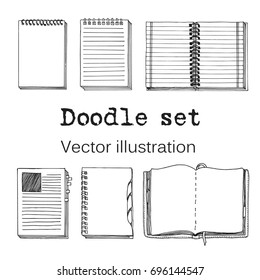 Vector Set of Sketch Notebooks, Notepads and Diaries. Office stuff set. Hand drawing sketch vector illustration. Cool design elements for infographic, web design, background. School