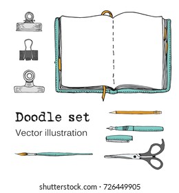 Vector Set of Sketch Notebooks, Notepads and Diaries. Office stuff. Doodle stationery, pen, pencil, scissors. Color hand drawn illustration. Cartoon Design elements for infographic. School