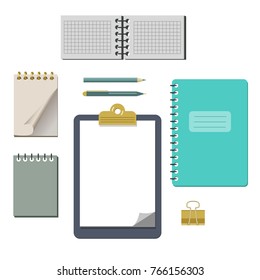 Vector Set of Sketch Notebooks, Notepads, pen and pencil . Office stuff set. Vector illustration. Cool design elements for infographic, web design, background. School