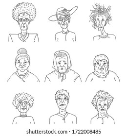 Vector Set of Sketch Old Women Portraits. Retired People Faces.