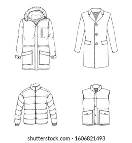 Vector Set of Sketch Outdoor Clothes. Parka, Down Jacket, Waistcoat and Trench-Coat.