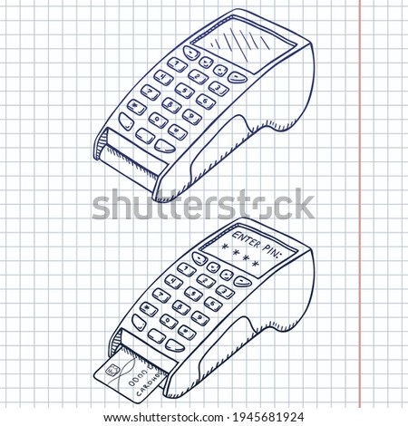 Vector Set of Sketch Payment Terminal Illustrations. Off and On Mode.