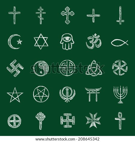  Vector Set of Sketch Religious Icons. Chalk on a Blackboard.