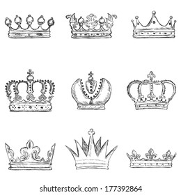 Vector Set of Sketch Royal Crown Icons