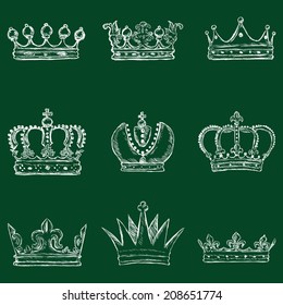 Vector Set of Sketch Royal Crown Icons. Chalk on a Blackboard.